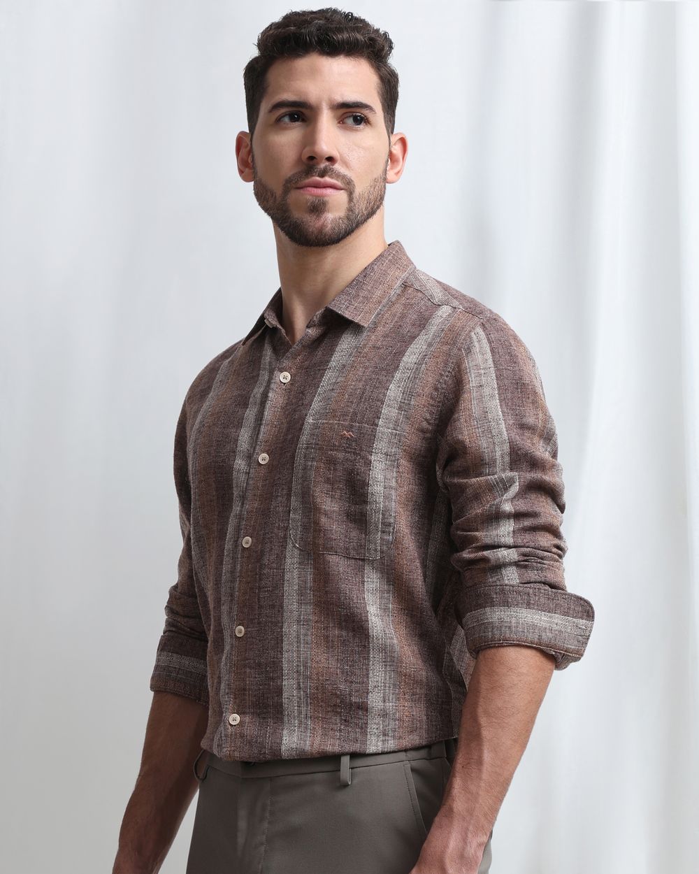 Brown Dobby Stripe Slim Fit Casual Shirt