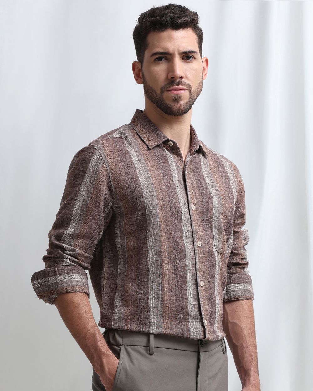 Brown Dobby Stripe Slim Fit Casual Shirt