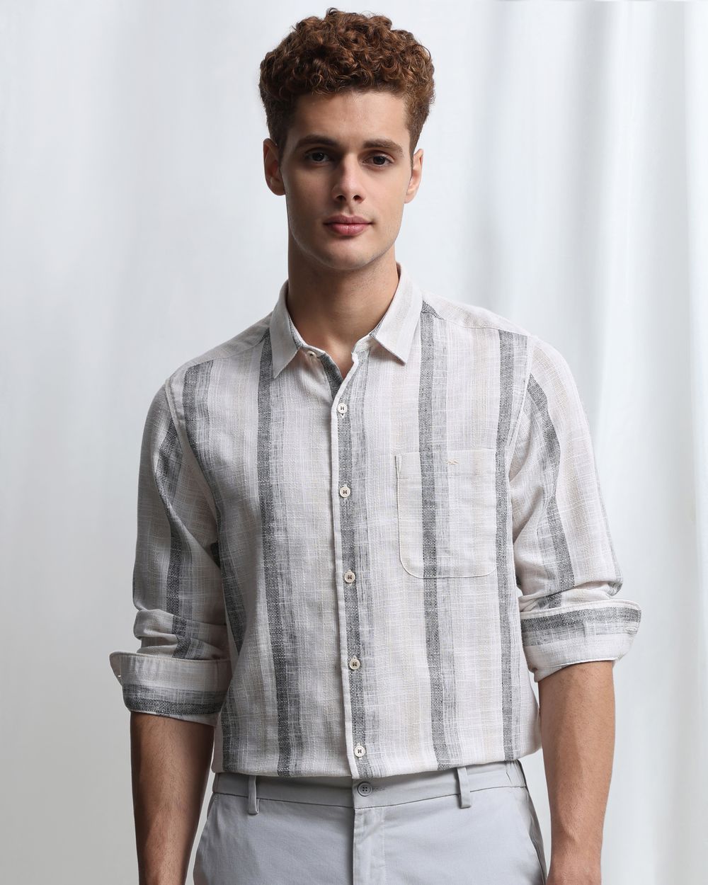 Off White Dobby Stripe Slim Fit Casual Shirt