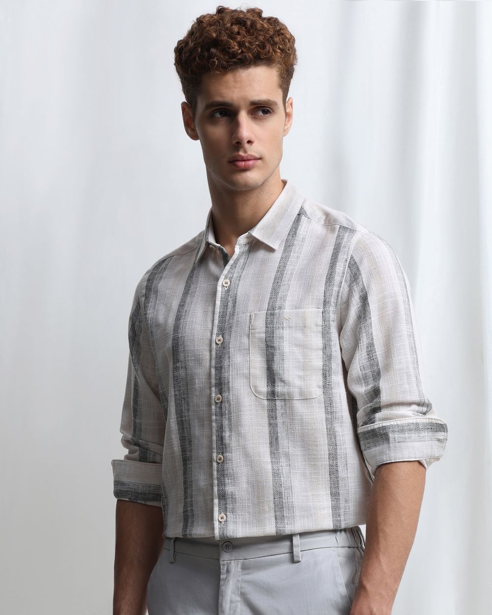 Off White Dobby Stripe Slim Fit Casual Shirt