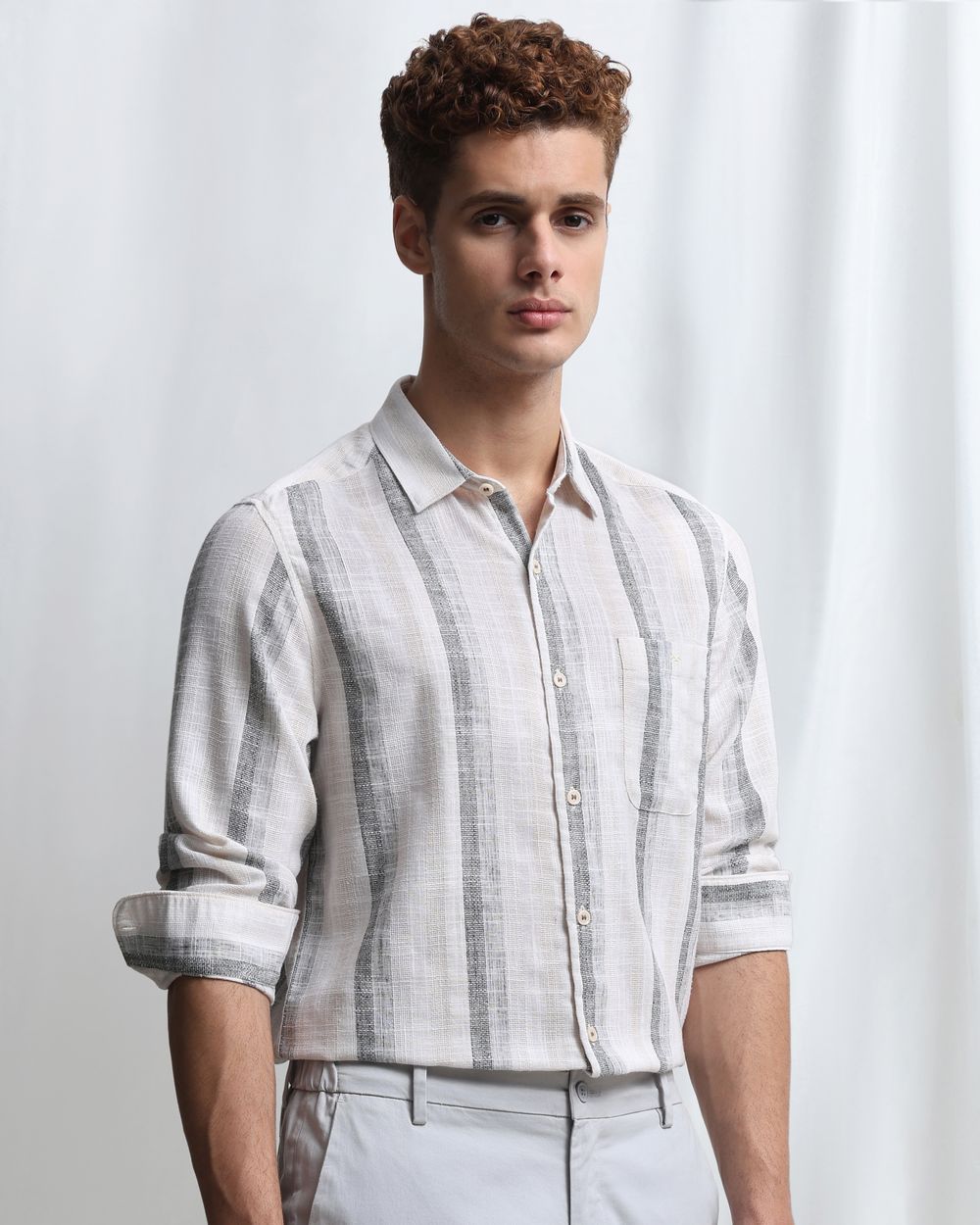Off White Dobby Stripe Slim Fit Casual Shirt