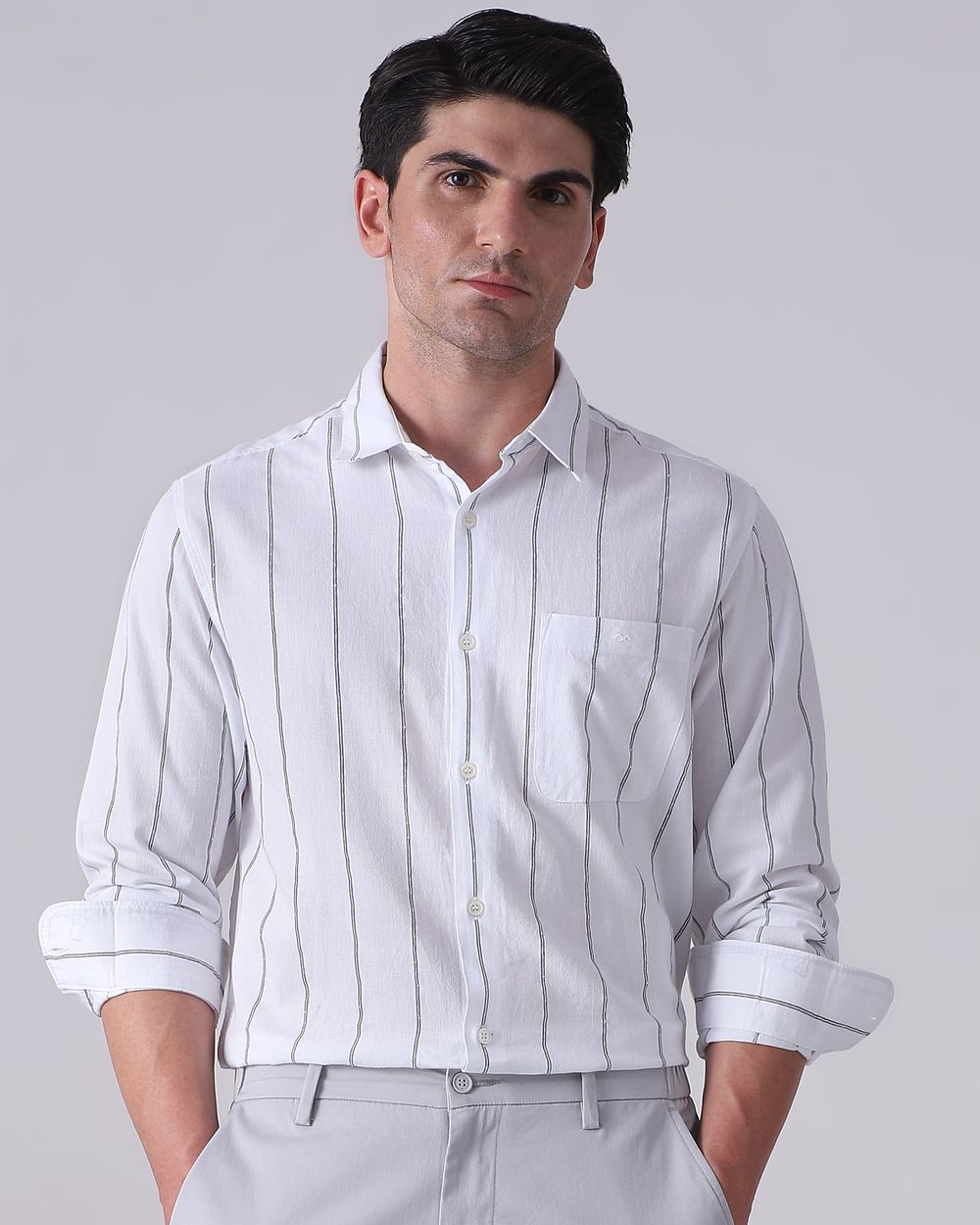 White Dobby Stripe Slim Fit Casual Shirt