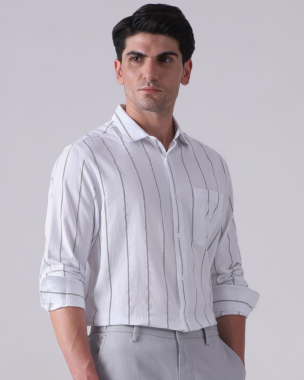 White Dobby Stripe Slim Fit Casual Shirt