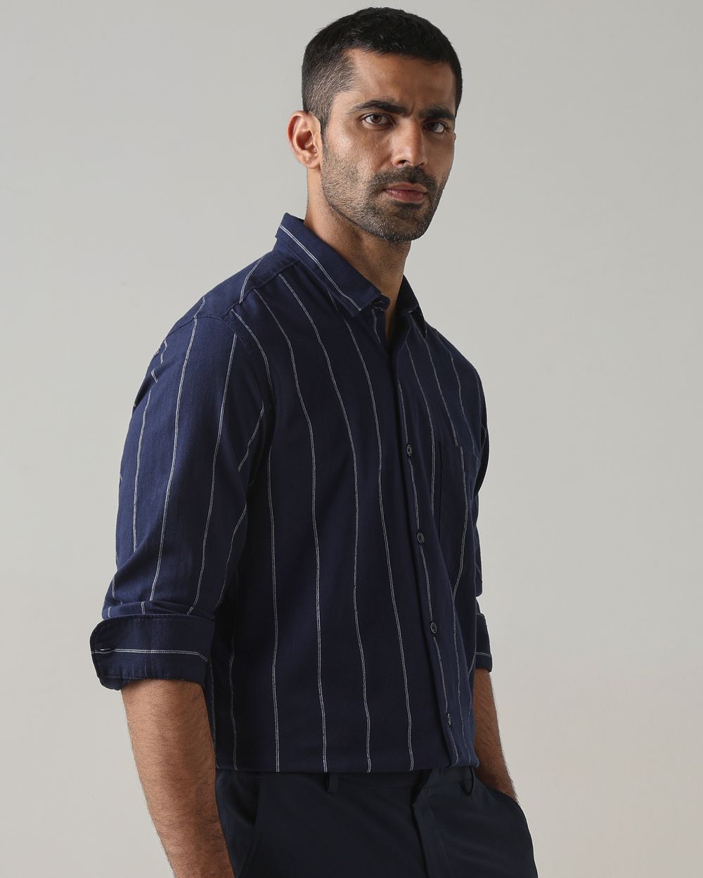 Navy Dobby Stripe Slim Fit Casual Shirt