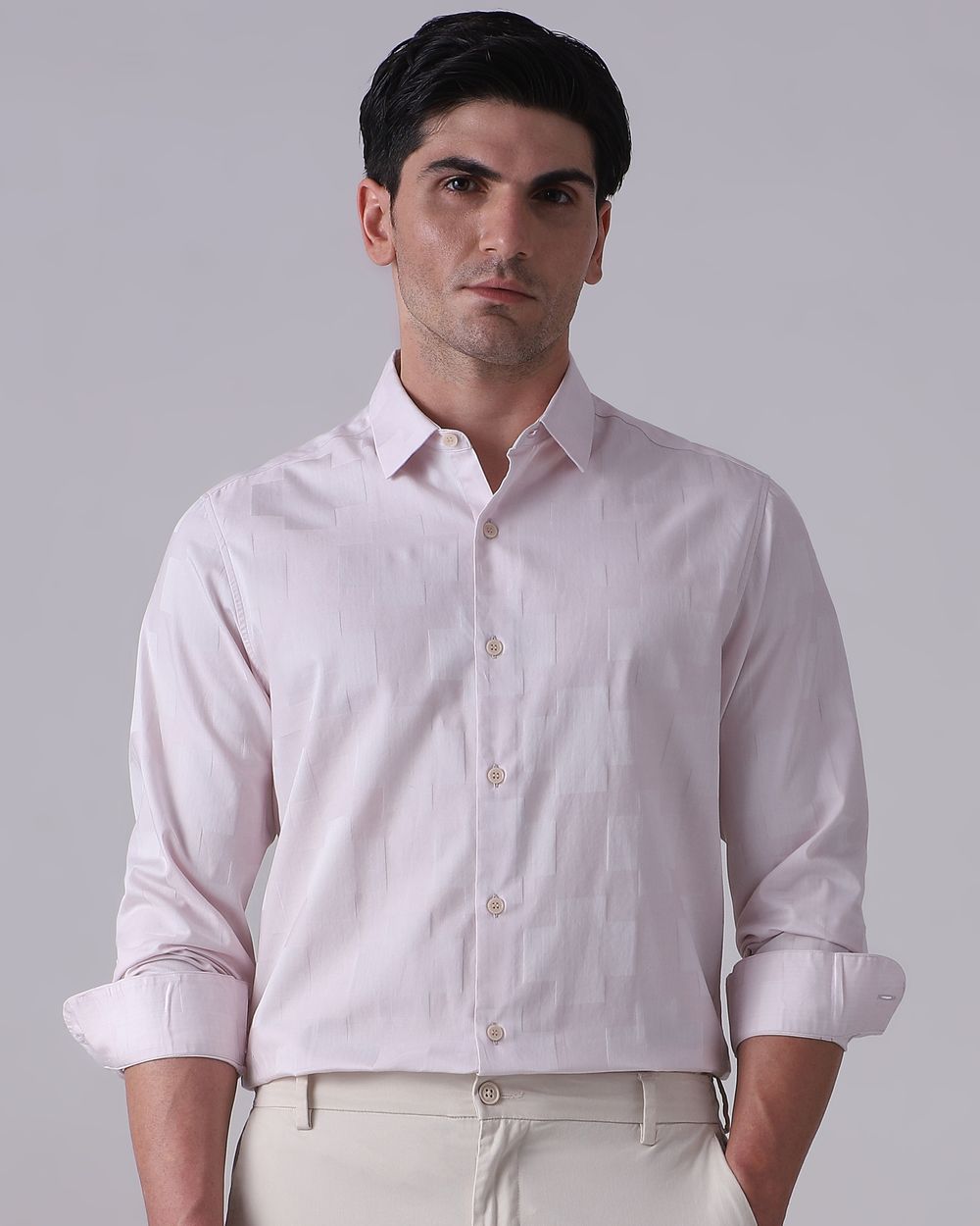 Pastel Pink Dobby Check Slim Fit Casual Shirt