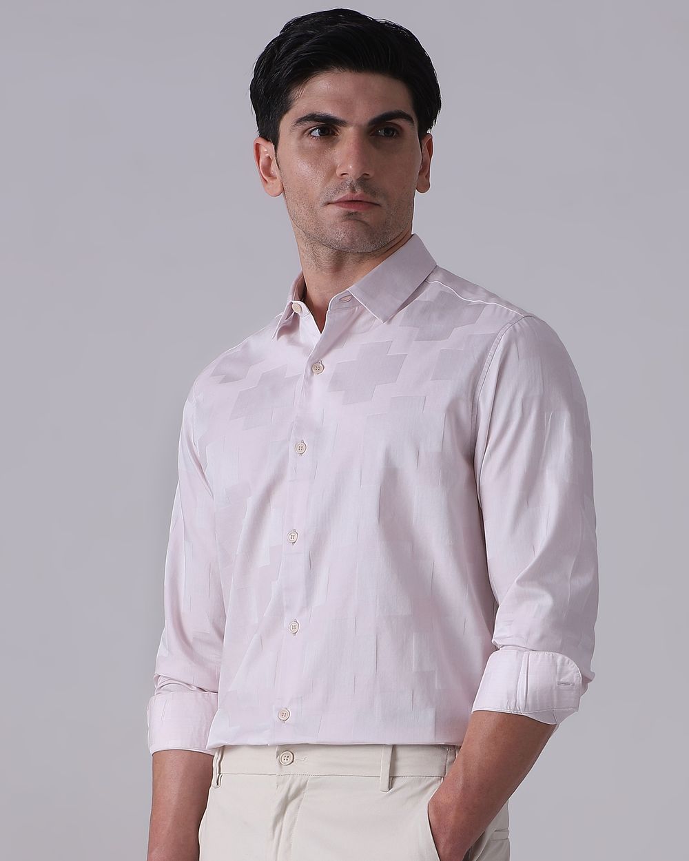 Pastel Pink Dobby Check Slim Fit Casual Shirt