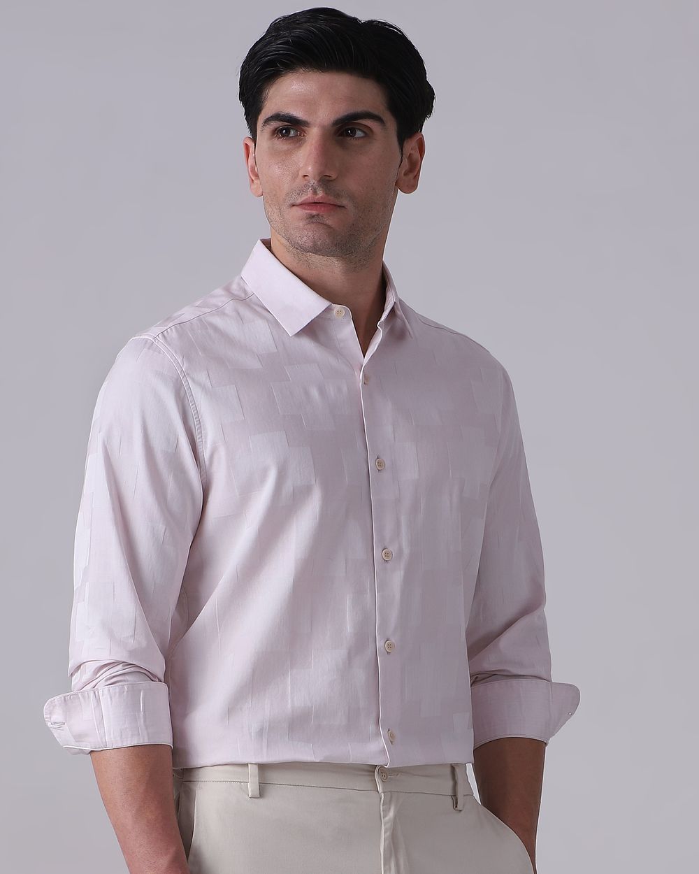 Pastel Pink Dobby Check Slim Fit Casual Shirt