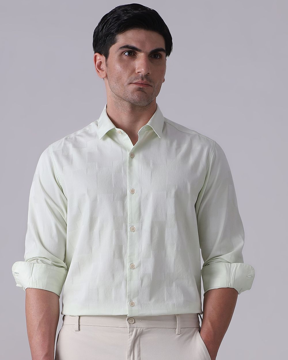 Light Green Dobby Check Slim Fit Casual Shirt