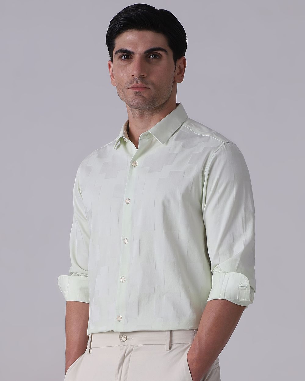 Light Green Dobby Check Slim Fit Casual Shirt
