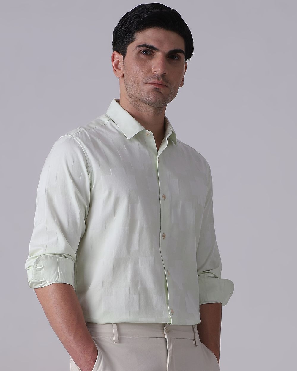 Light Green Dobby Check Slim Fit Casual Shirt