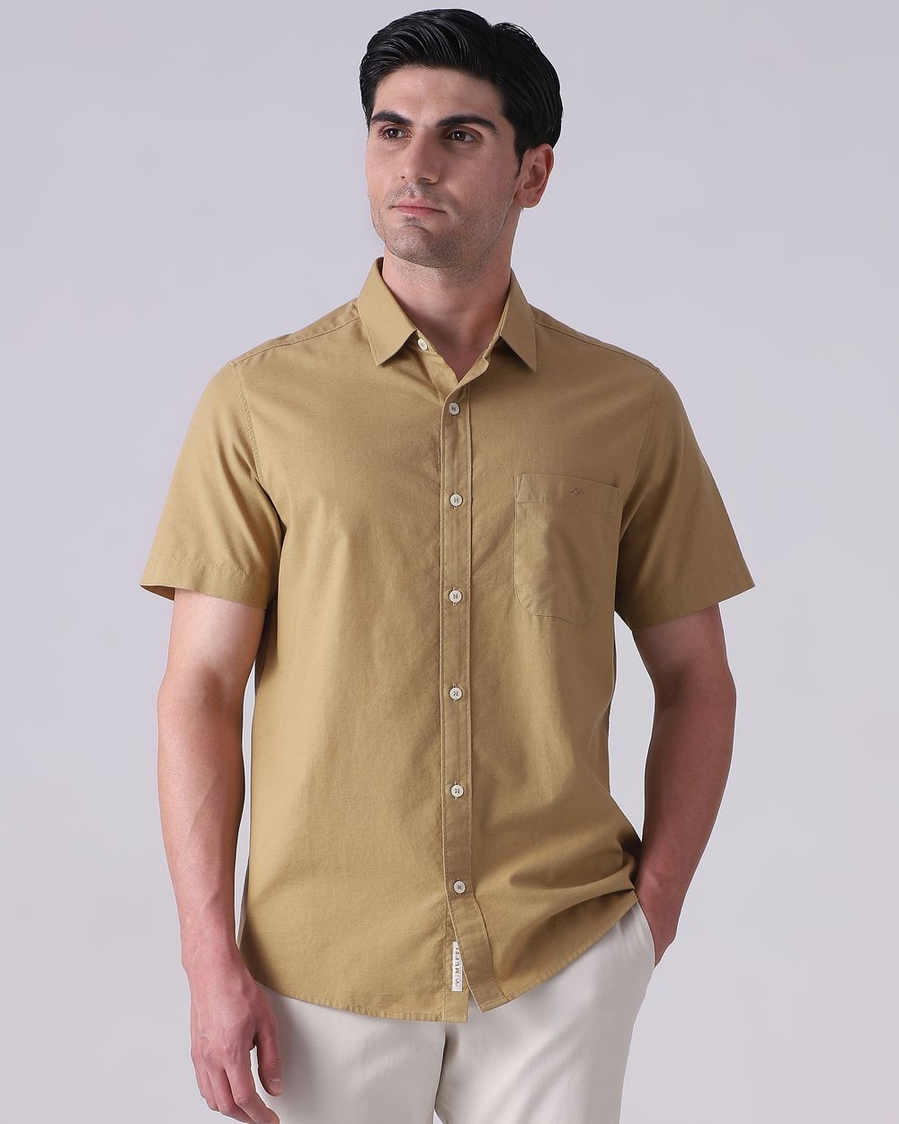 Khaki Cotton Linen Plain Slim Fit Casual Shirt