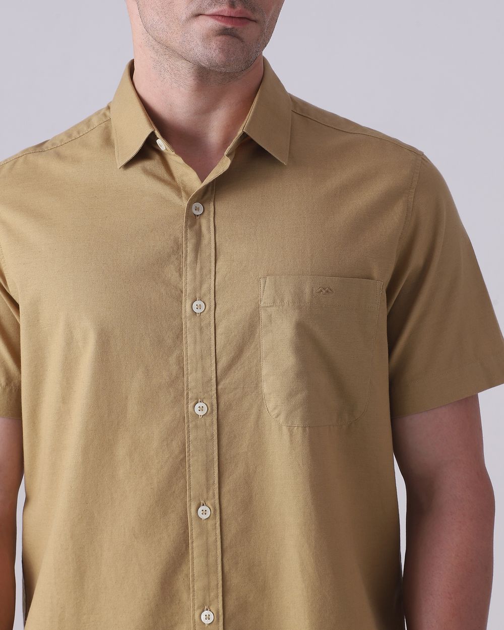Khaki Cotton Linen Plain Slim Fit Casual Shirt