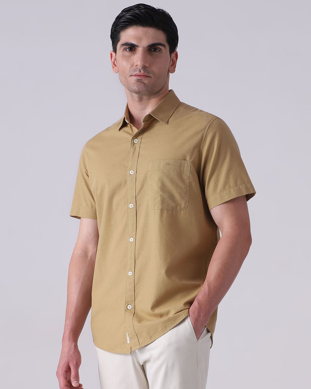 Khaki Cotton Linen Plain Slim Fit Casual Shirt