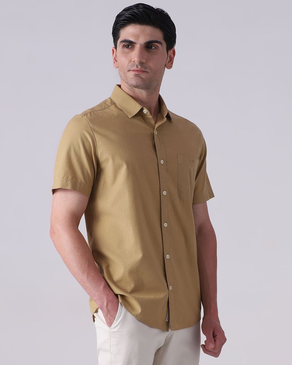 Khaki Cotton Linen Plain Slim Fit Casual Shirt