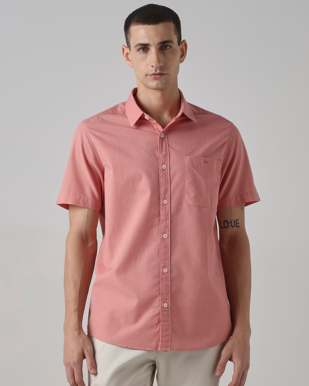 Pink Cotton Linen Plain Slim Fit Casual Shirt