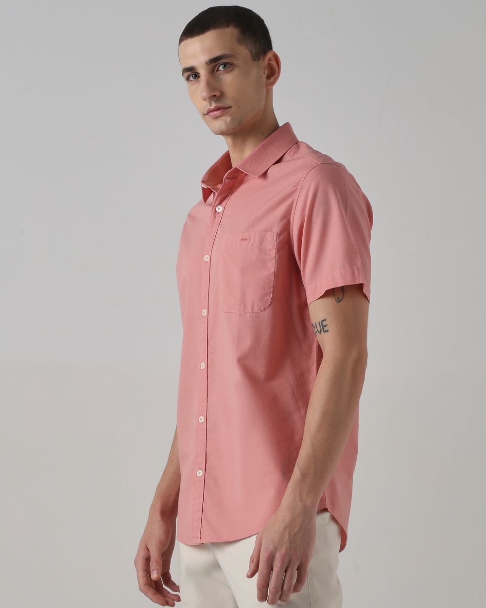 Pink Cotton Linen Plain Slim Fit Casual Shirt