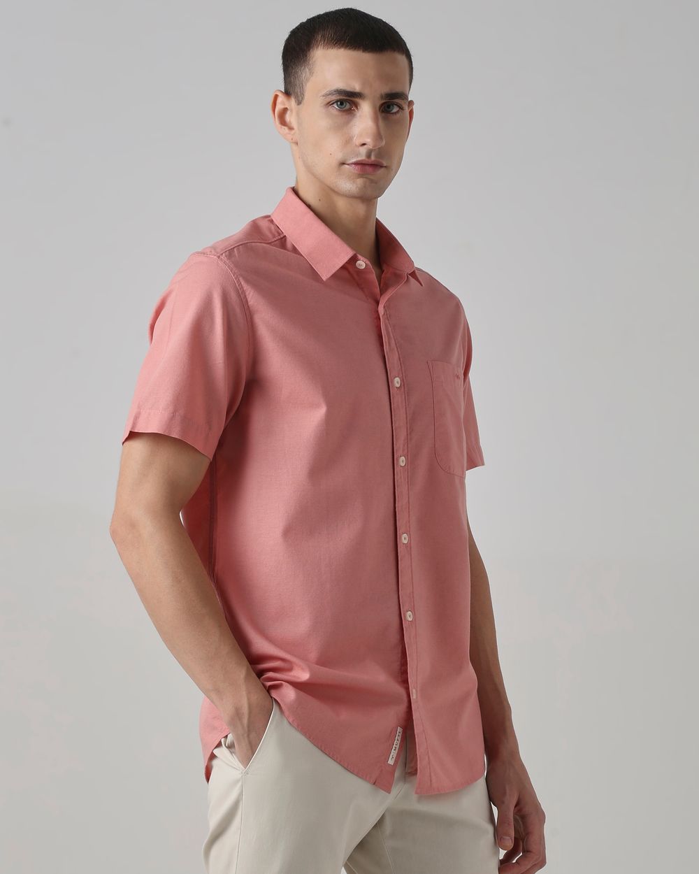 Pink Cotton Linen Plain Slim Fit Casual Shirt