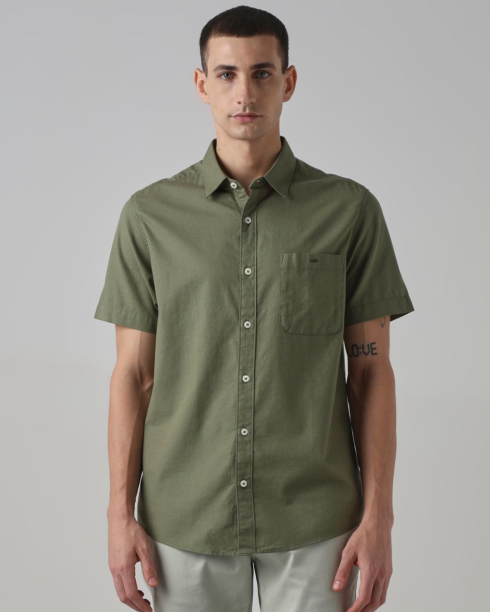 Light Olive Cotton Linen Plain Slim Fit Casual Shirt