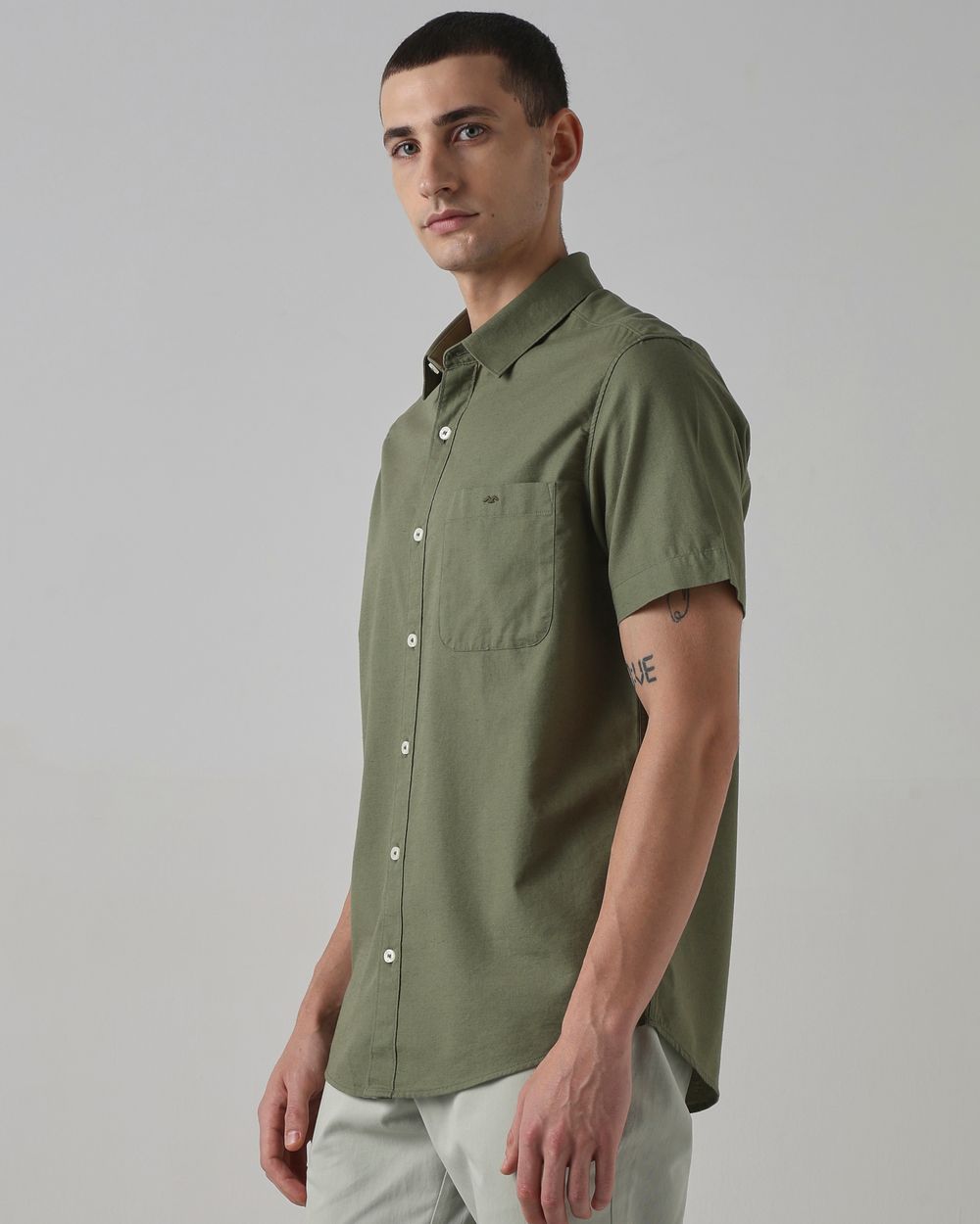 Light Olive Cotton Linen Plain Slim Fit Casual Shirt