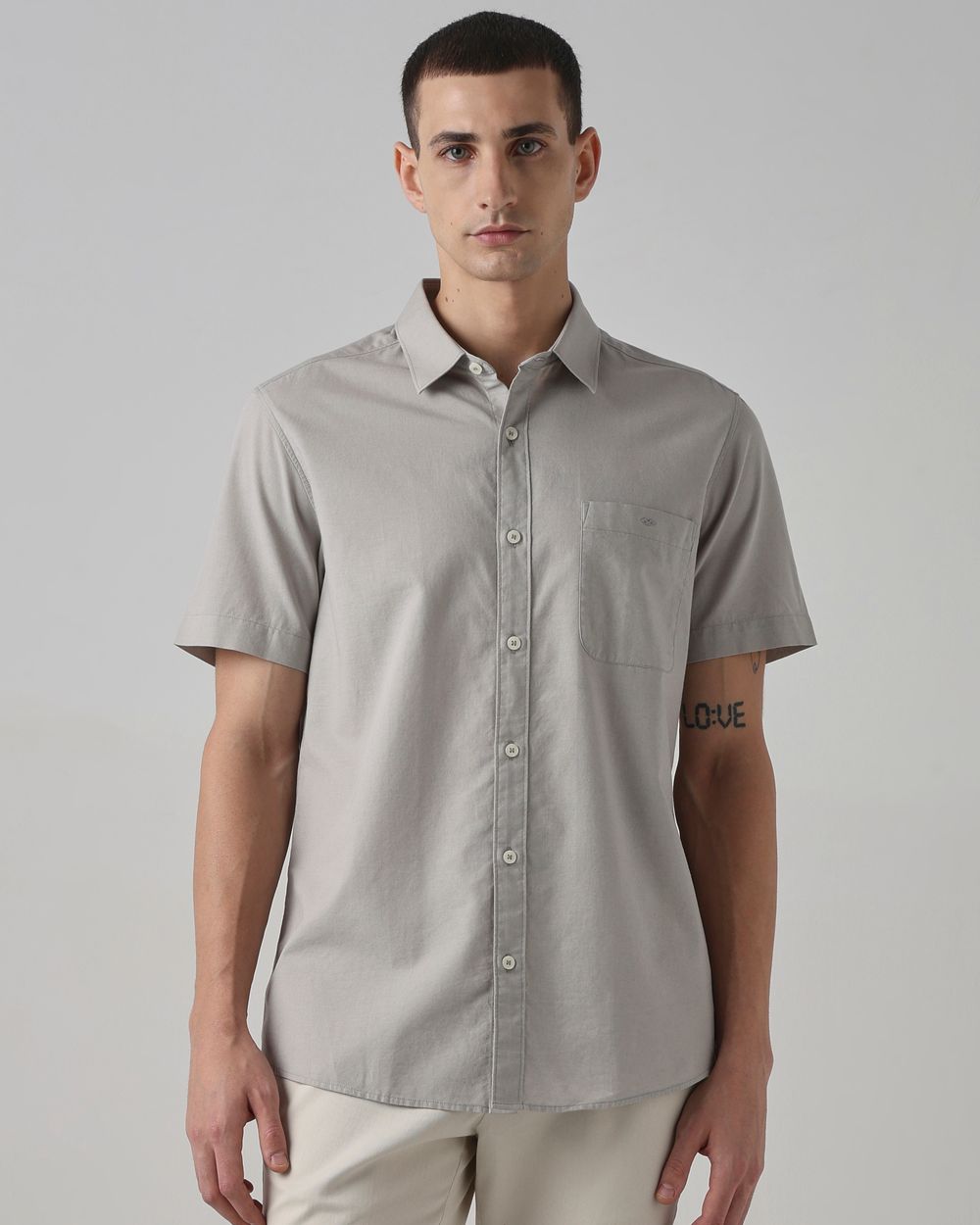 Light Grey Cotton Linen Plain Slim Fit Casual Shirt