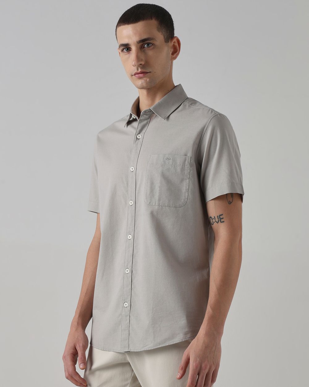 Light Grey Cotton Linen Plain Slim Fit Casual Shirt