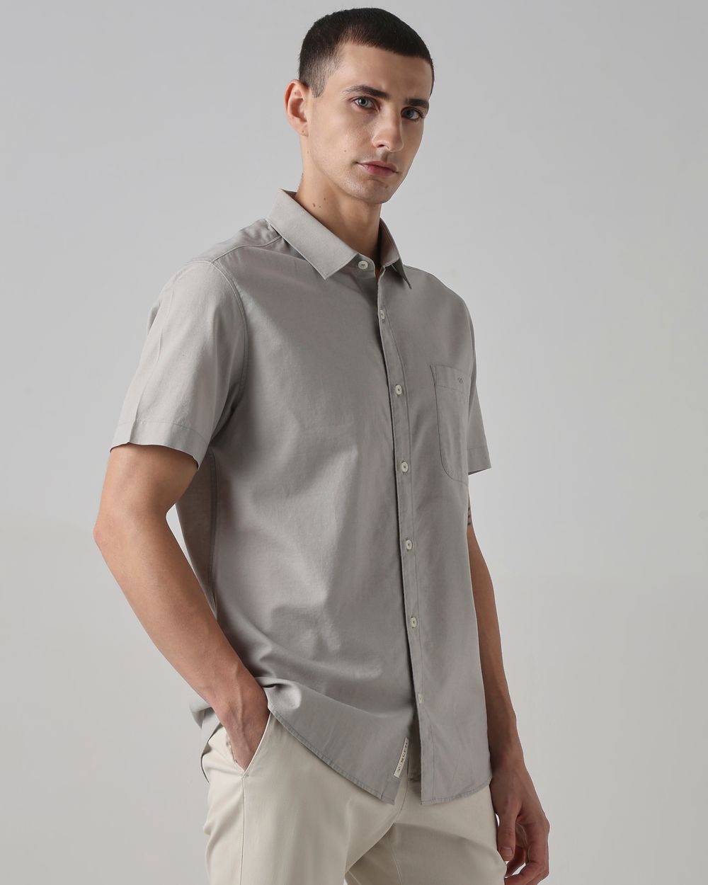 Light Grey Cotton Linen Plain Slim Fit Casual Shirt