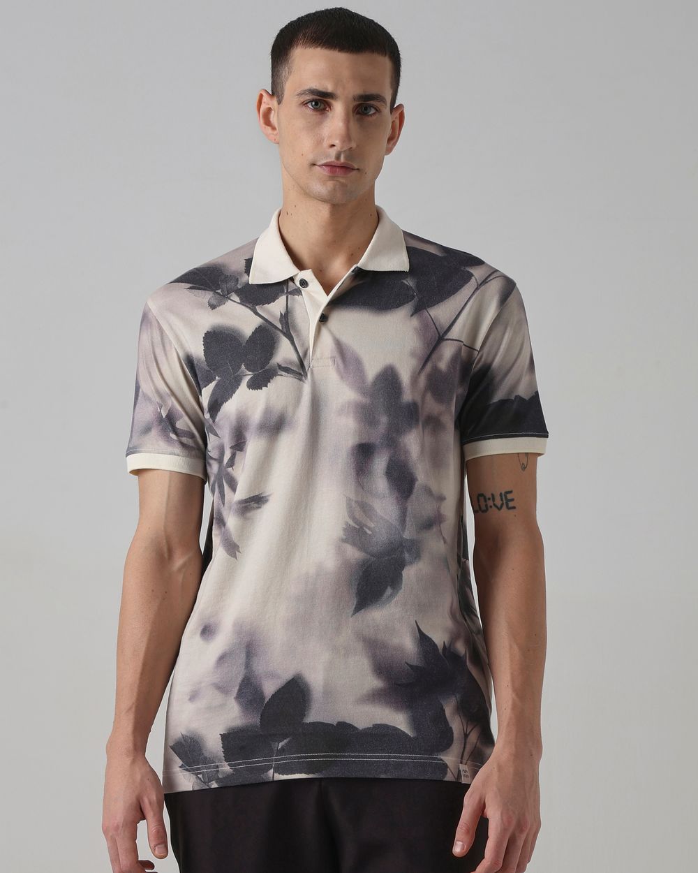 Light Grey Leaf Print Polo