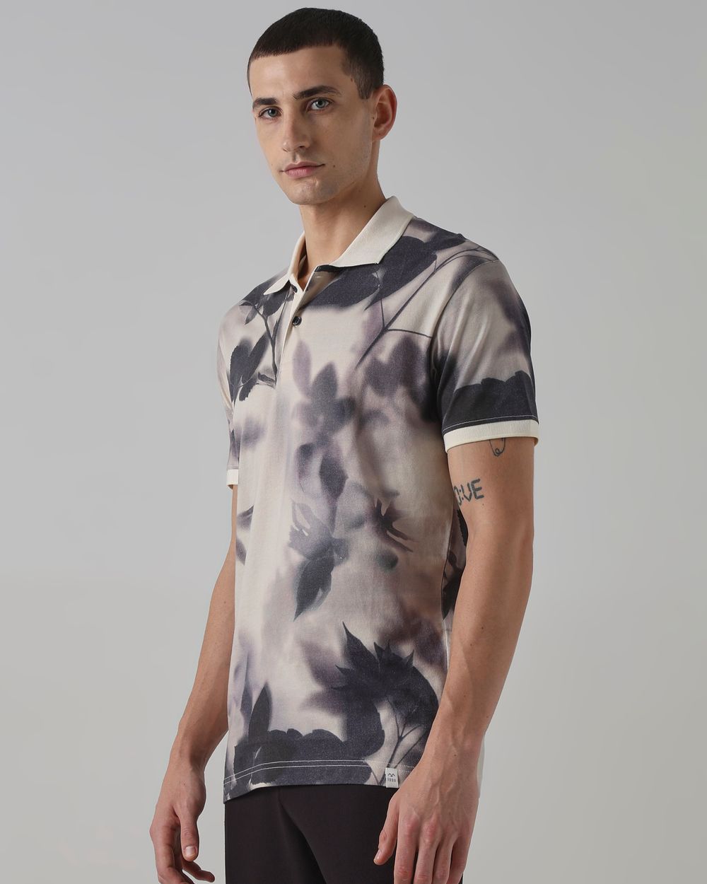 Light Grey Leaf Print Polo