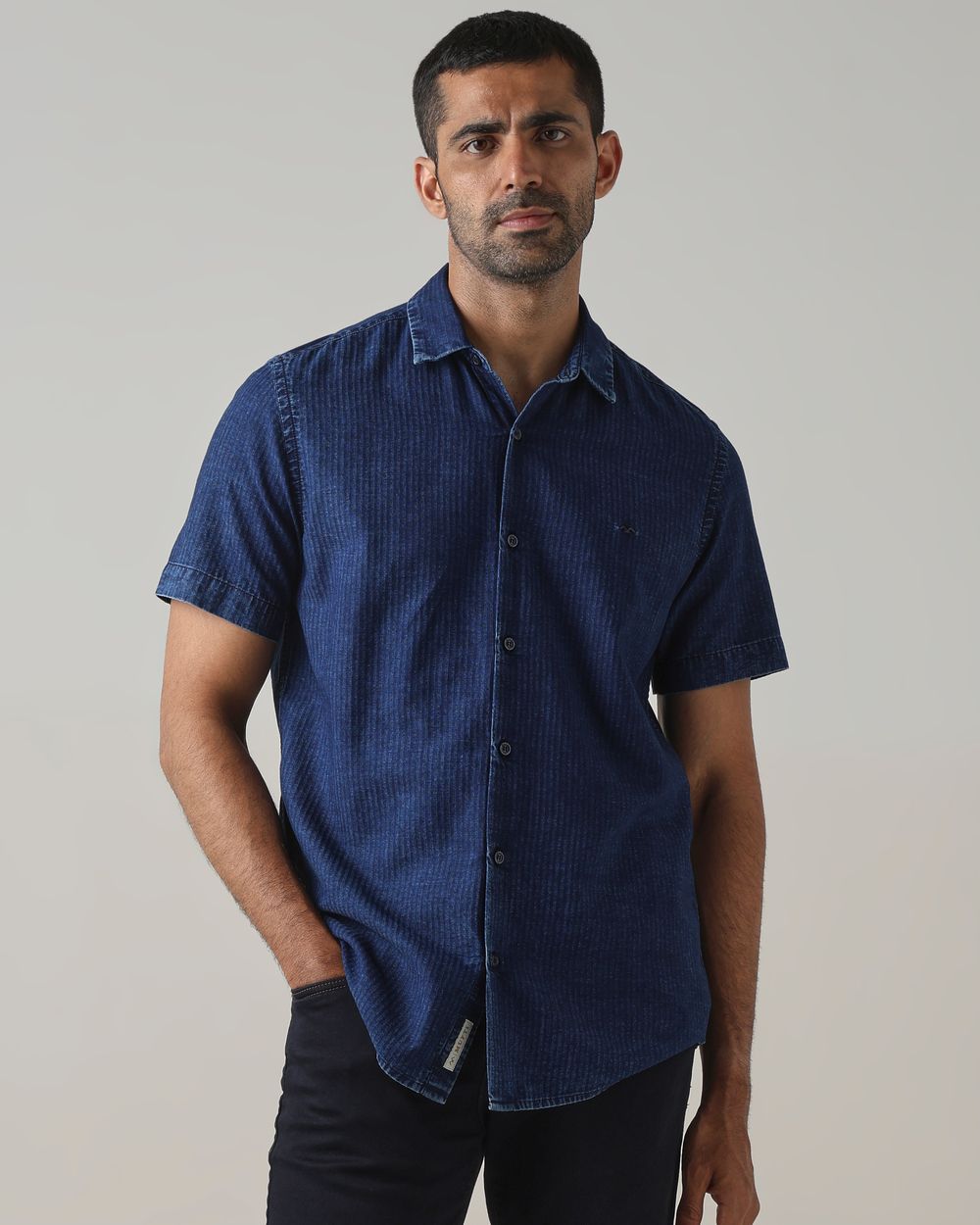 Indigo Blue Textured Stripe Slim Fit Casual Shirt