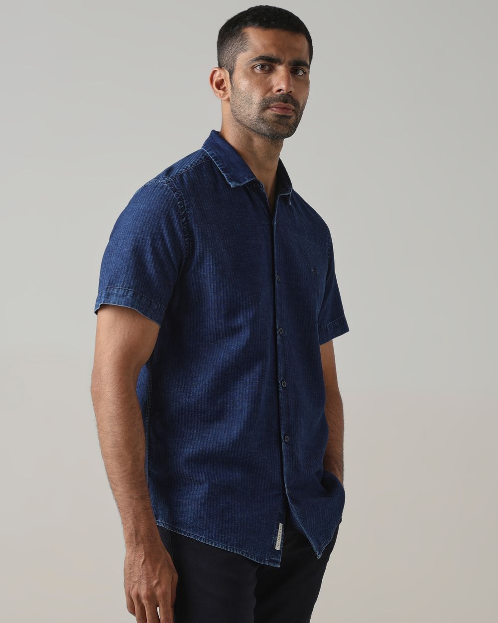 Indigo Blue Textured Stripe Slim Fit Casual Shirt