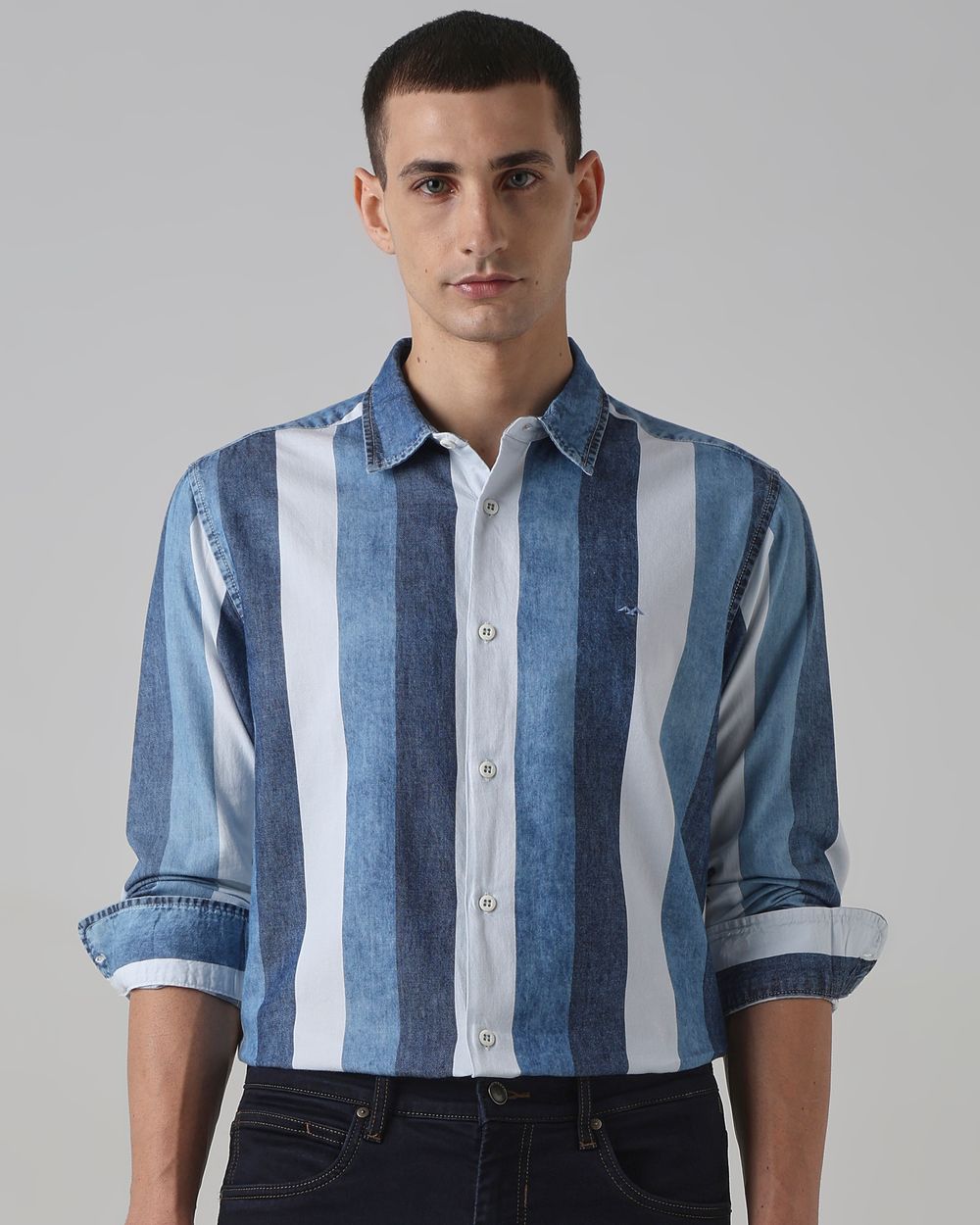 Mid Blue Denim Stripe Slim Fit Casual Shirt