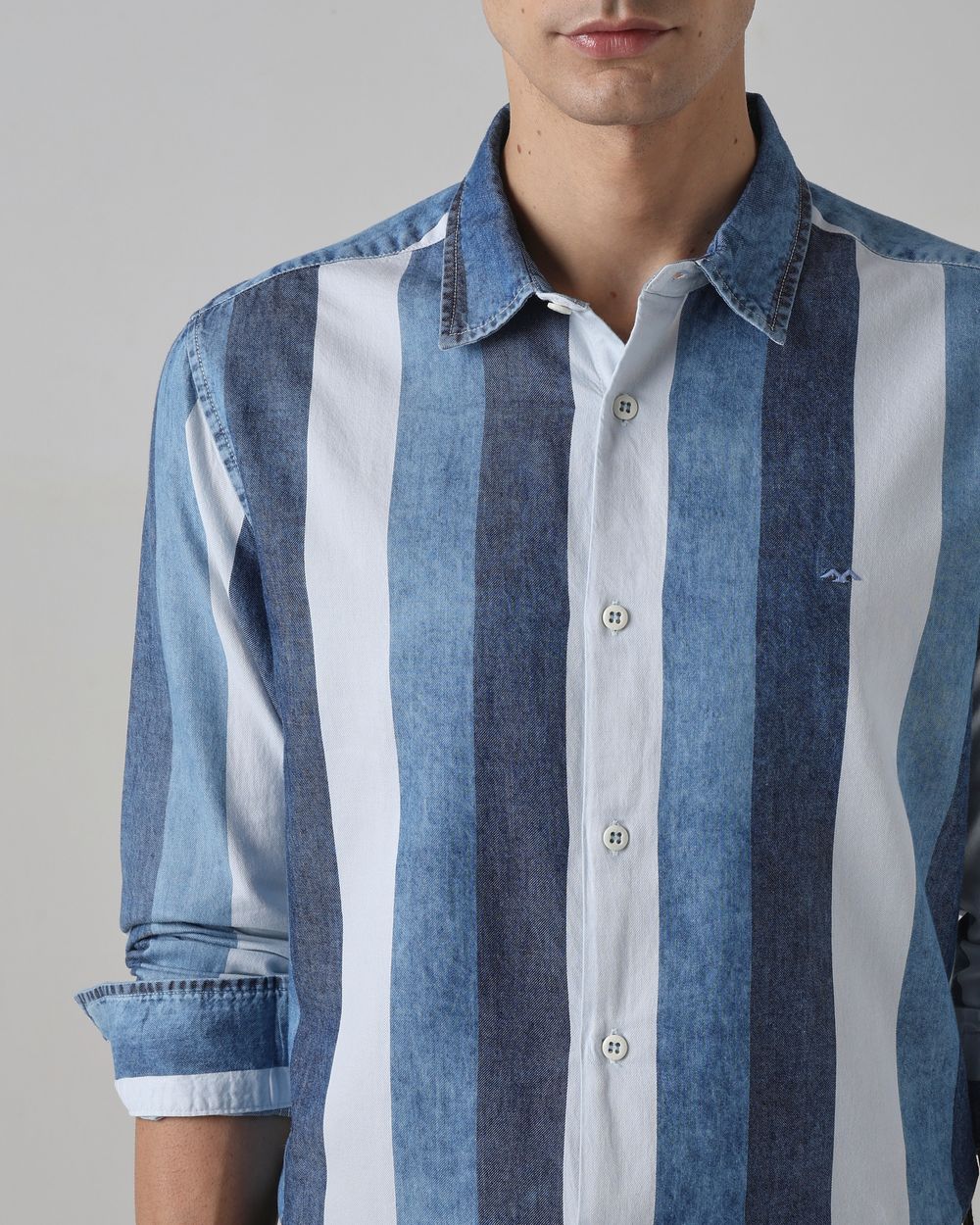 Mid Blue Denim Stripe Slim Fit Casual Shirt