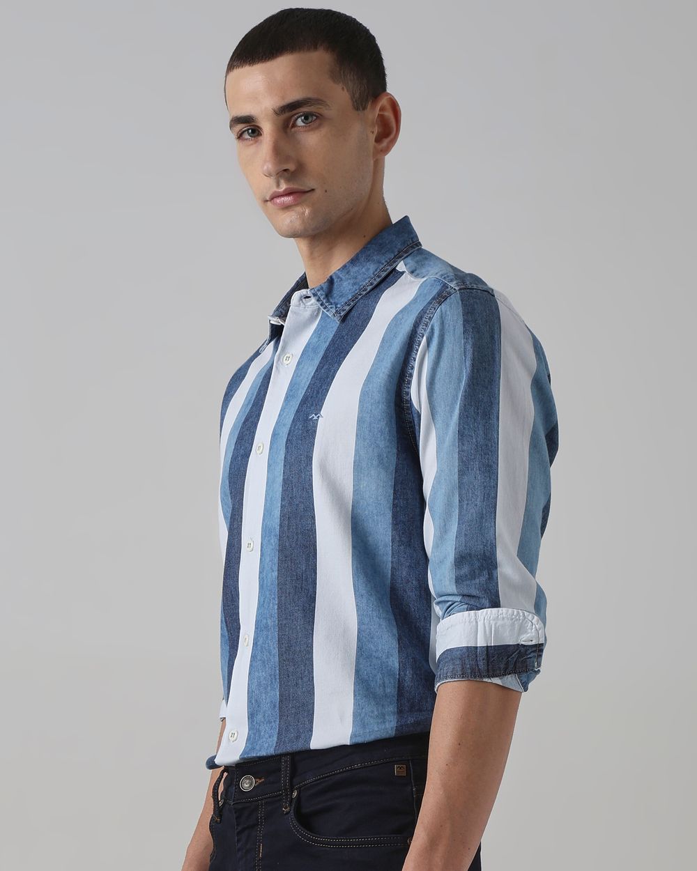 Mid Blue Denim Stripe Slim Fit Casual Shirt
