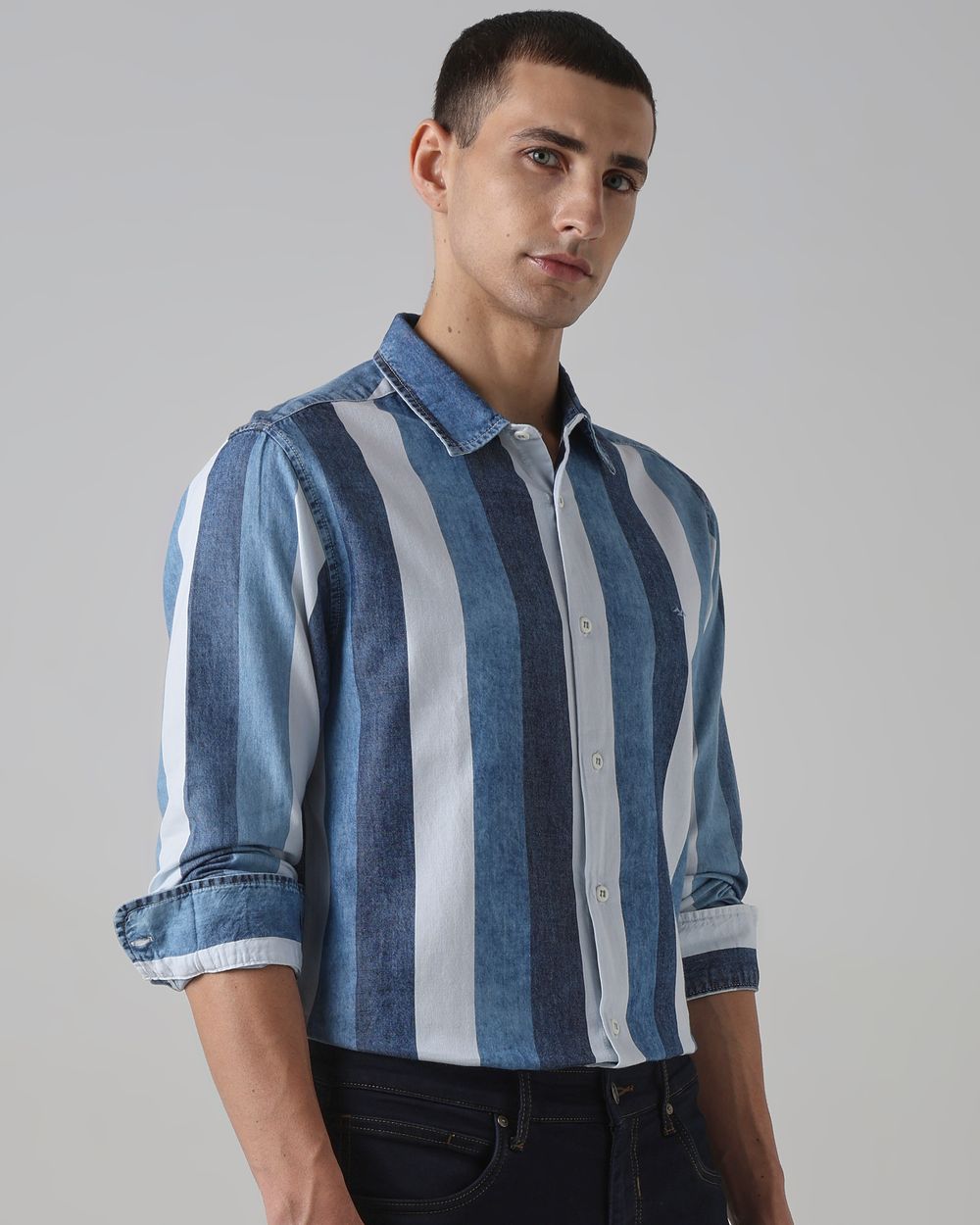Mid Blue Denim Stripe Slim Fit Casual Shirt