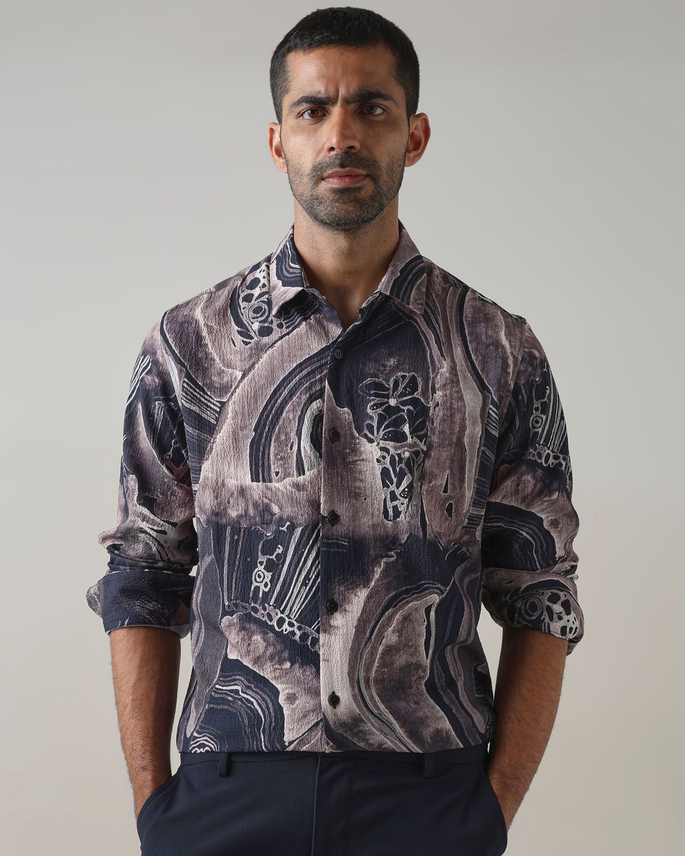 Navy Textured Print Stretch Slim Fit Casual Shirt