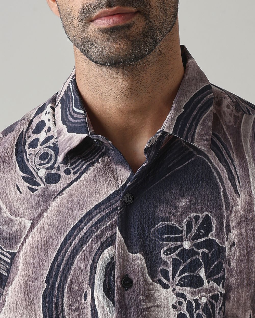 Navy Textured Print Stretch Slim Fit Casual Shirt