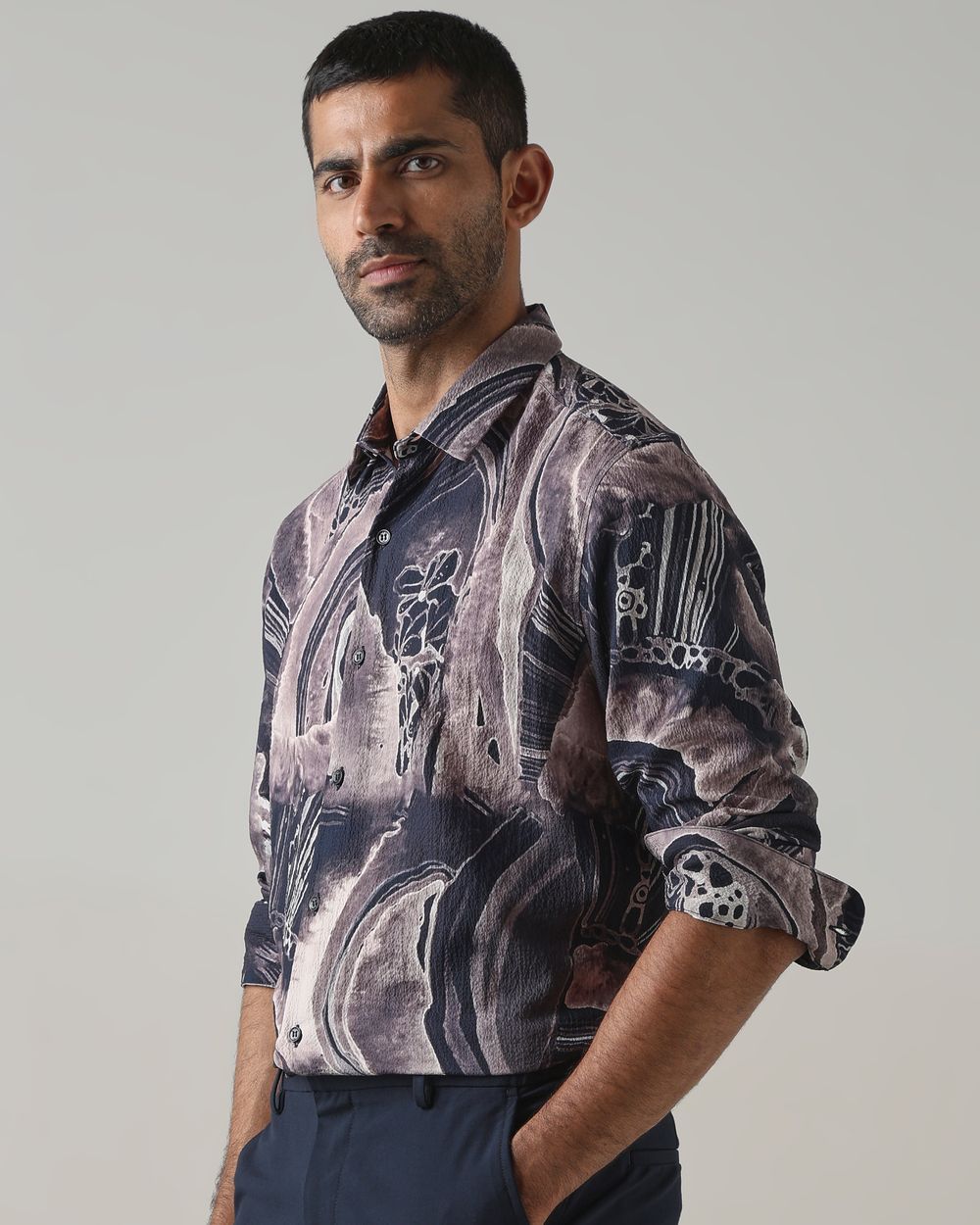 Navy Textured Print Stretch Slim Fit Casual Shirt