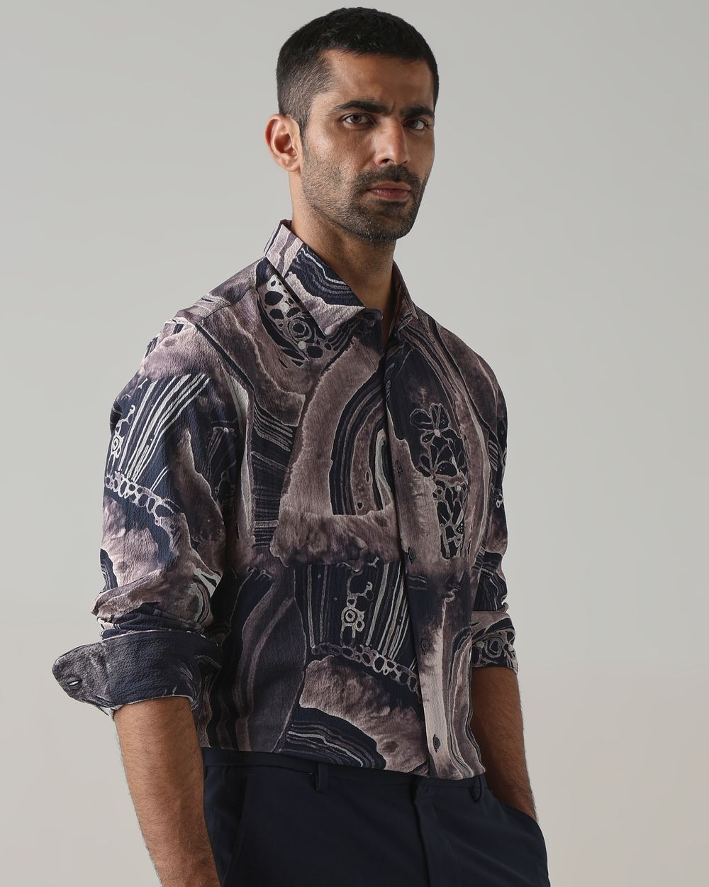 Navy Textured Print Stretch Slim Fit Casual Shirt