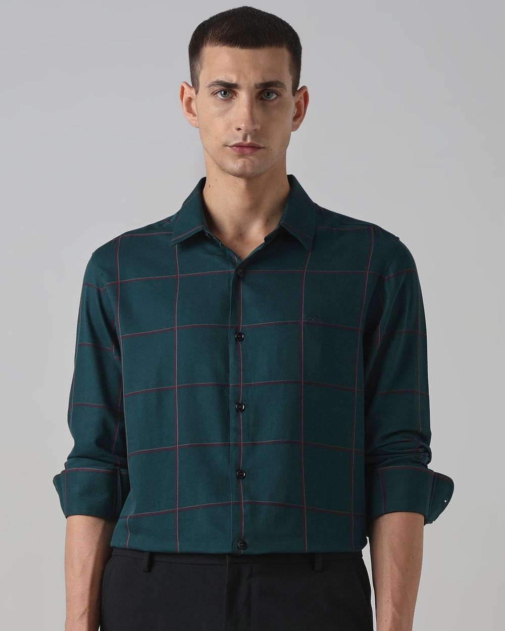 Dark Green Windowpane Check Slim Fit Casual Shirt