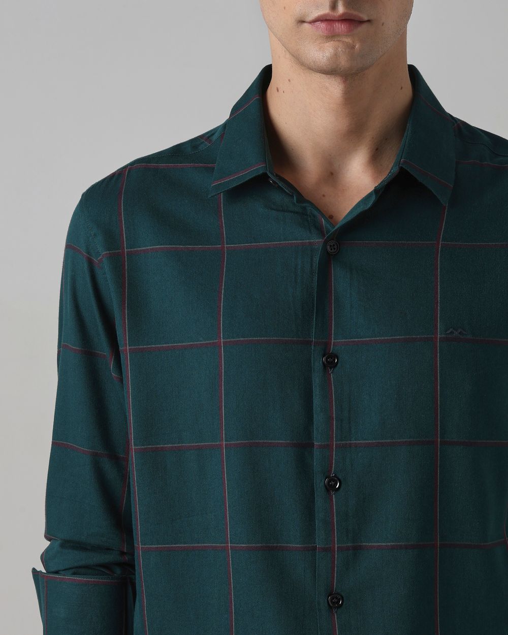 Dark Green Windowpane Check Slim Fit Casual Shirt