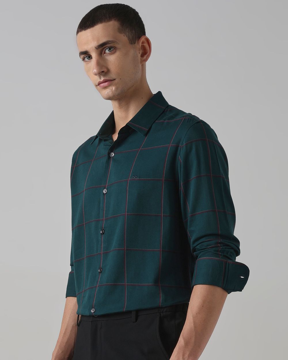 Dark Green Windowpane Check Slim Fit Casual Shirt