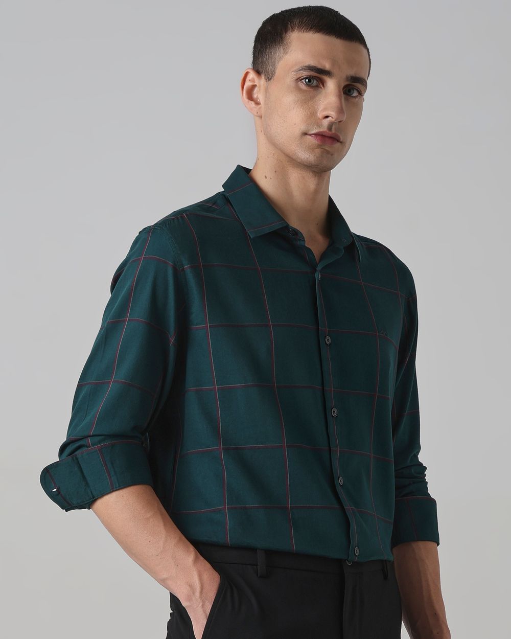 Dark Green Windowpane Check Slim Fit Casual Shirt