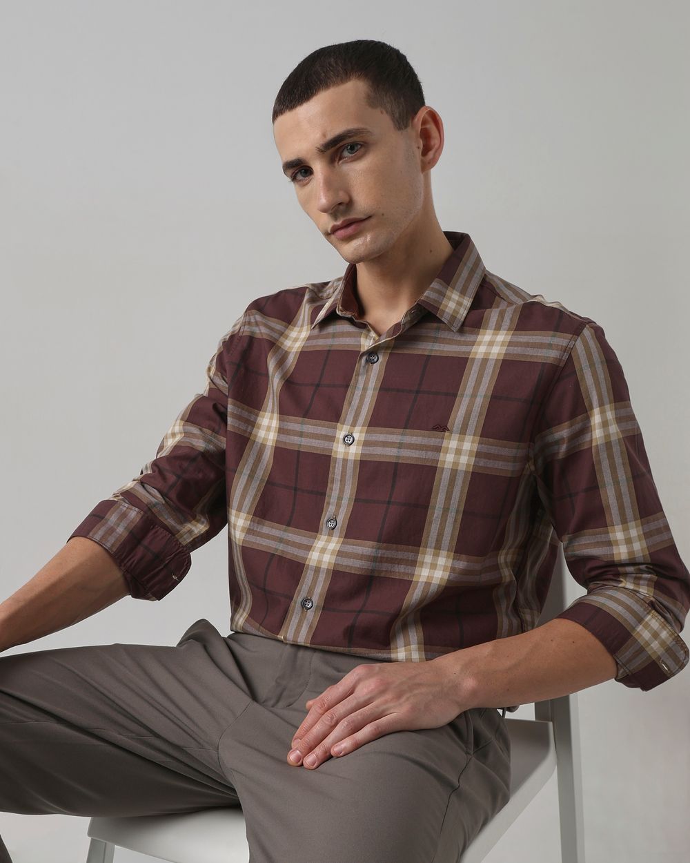 Brown Large Check Slim Fit Casual Shirt