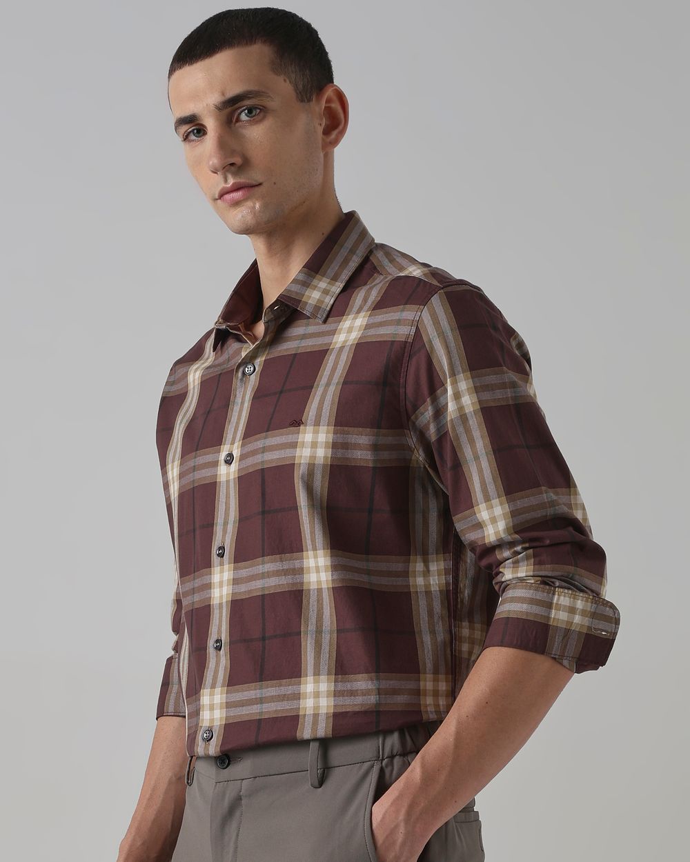 Brown Large Check Slim Fit Casual Shirt