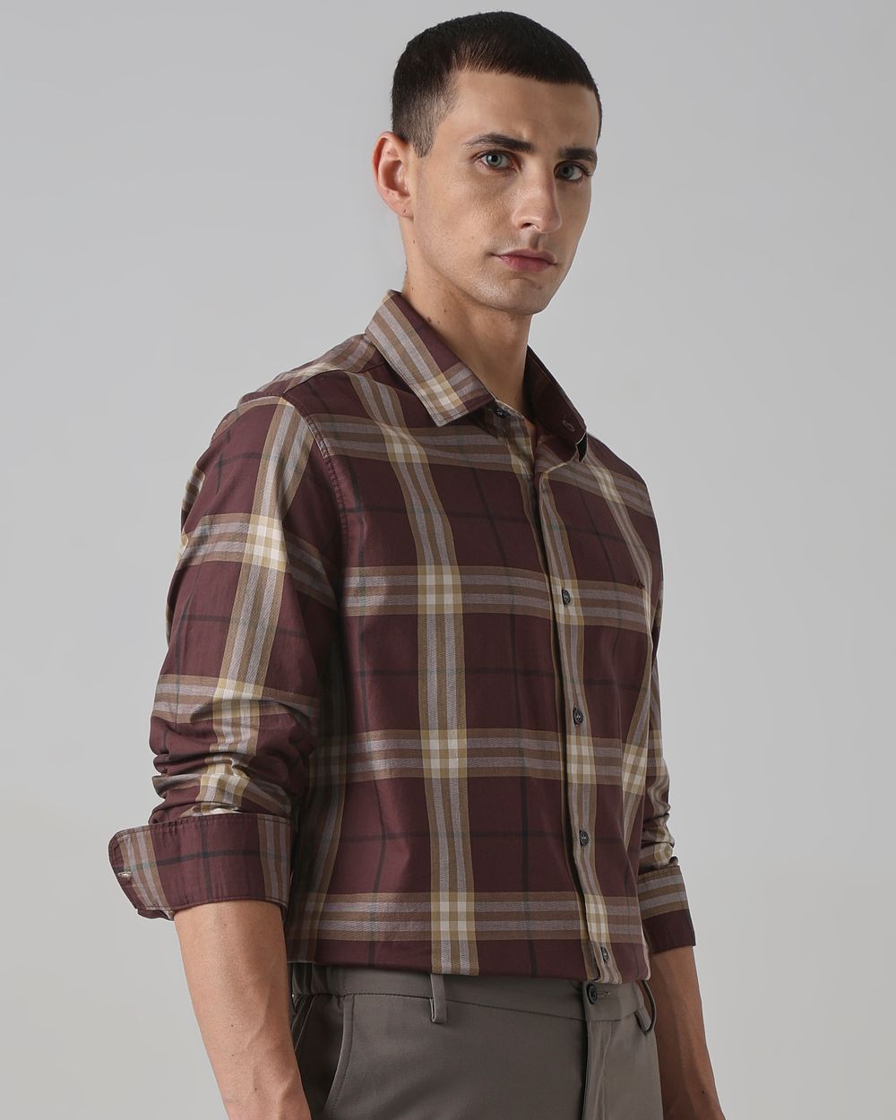 Brown Large Check Slim Fit Casual Shirt