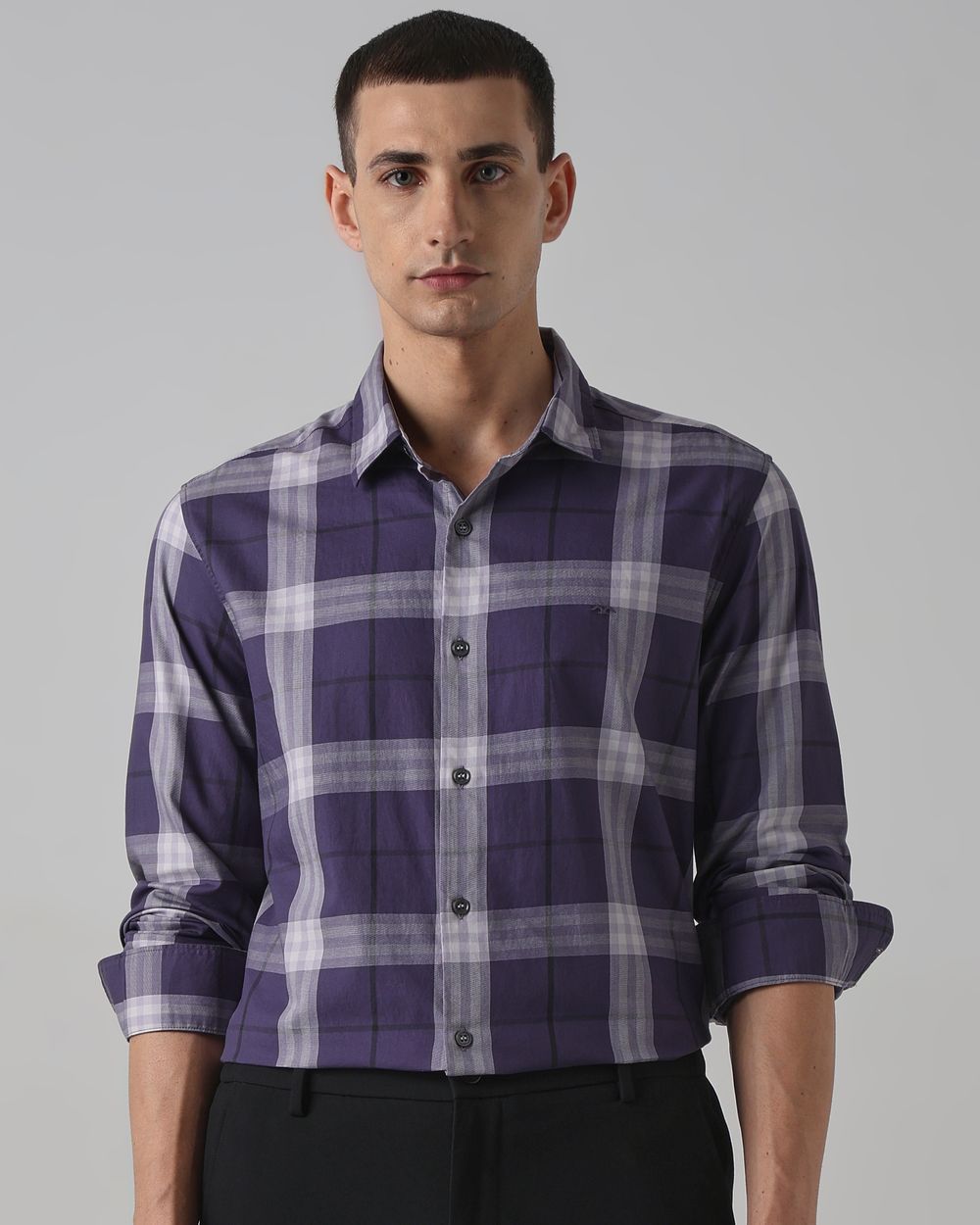 Blue Grey Large Check Slim Fit Casual Shirt