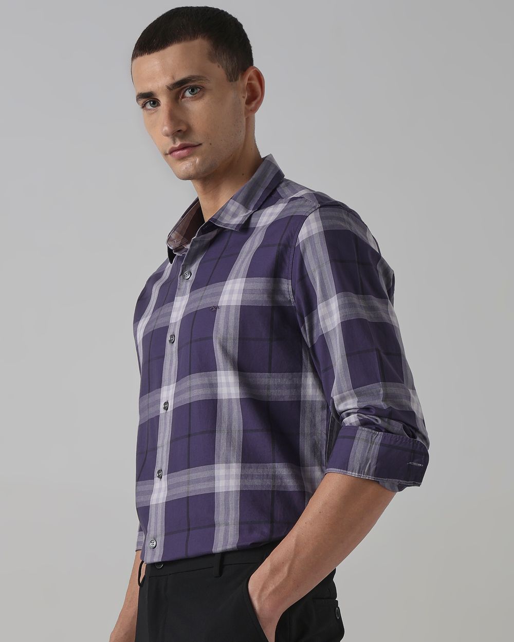 Blue Grey Large Check Slim Fit Casual Shirt
