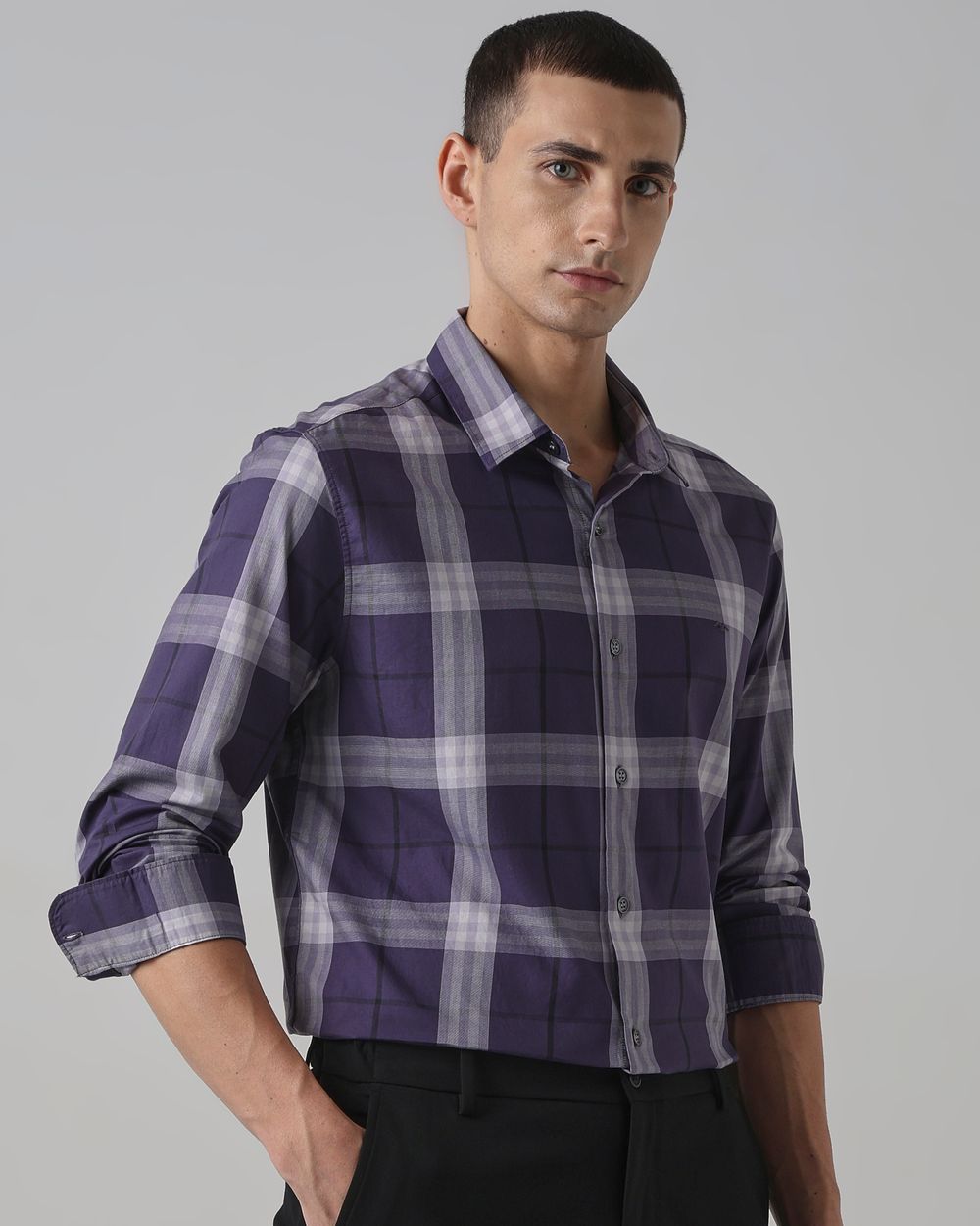Blue Grey Large Check Slim Fit Casual Shirt
