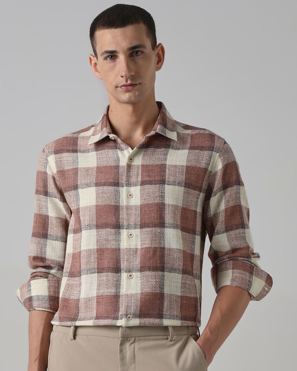 Light Brown Dobby Check Slim Fit Casual Shirt