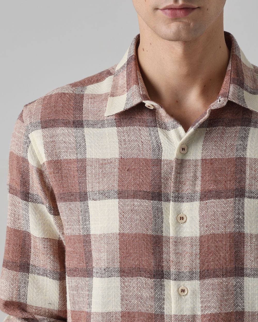 Light Brown Dobby Check Slim Fit Casual Shirt